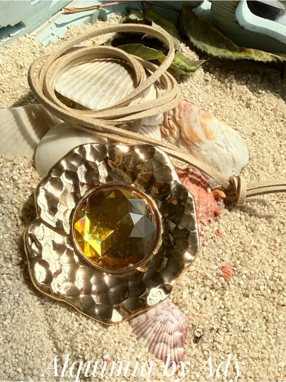 EXAGGERATED +Gold-Tone Pendant Necklace with Yellow Crystal and Tan Cord